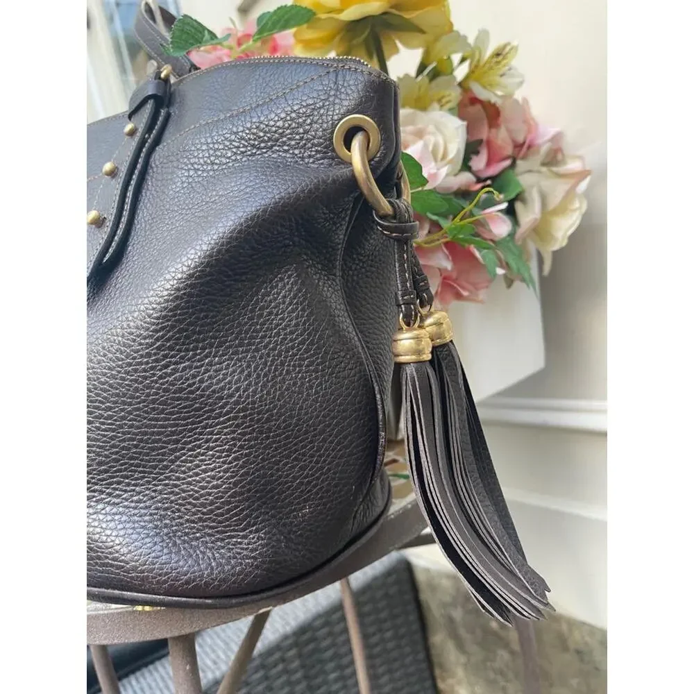 ERIC JAVITS PEBBLE BROWN LEATHER TASSEL TOTE BAG (PU300